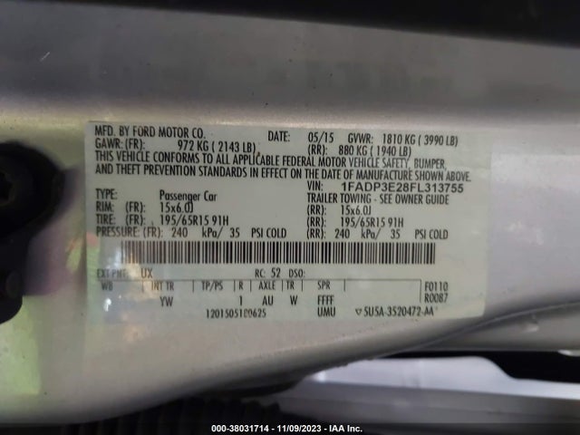 2015 FORD FOCUS S VIN: 1FADP3E28FL313755
