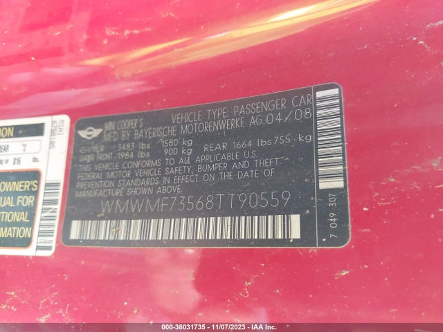 2008 MINI COOPER HARDTOP WMWMF73568TT90559 Photo 8
