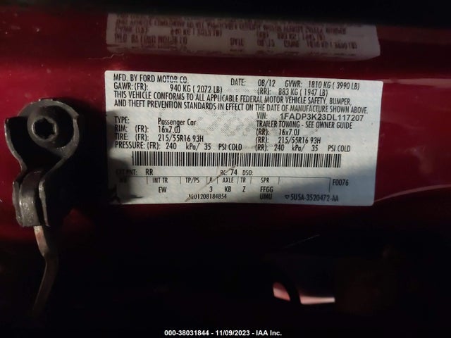 2013 FORD FOCUS SE VIN: 1FADP3K23DL117207