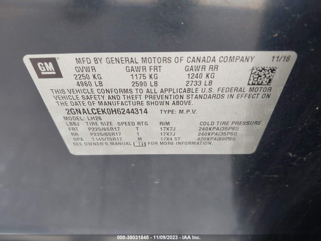 Chevrolet EQUINOX LT 2017 2GNALCEK0H6244314 Image 9