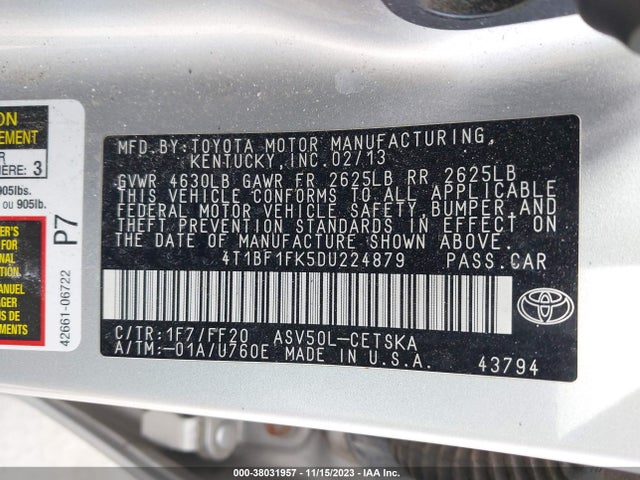 2013 TOYOTA CAMRY SE VIN: 4T1BF1FK5DU224879