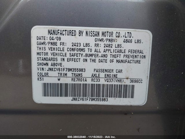 2009 INFINITI G37 SEDAN X VIN: JNKCV61F79M355983