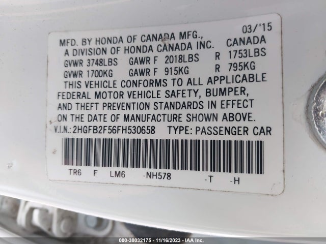 2015 HONDA CIVIC LX VIN: 2HGFB2F56FH530658