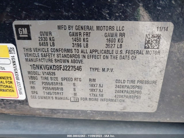 Chevrolet Traverse 1lt 2015 1GNKVGKD8FJ227546 Image 9