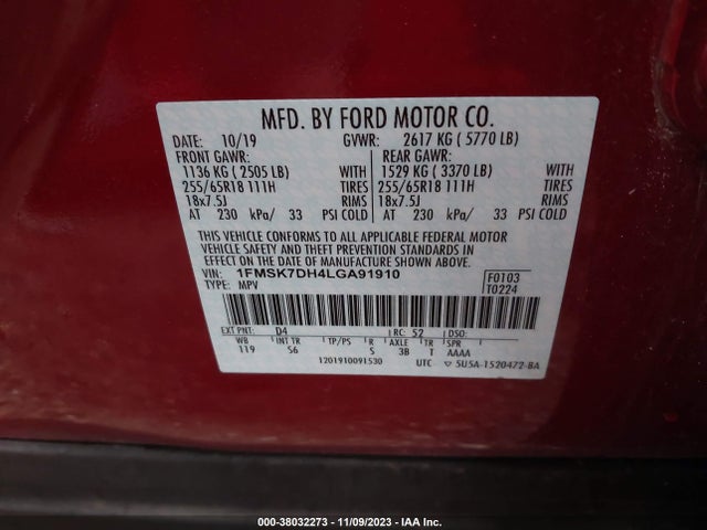 Ford EXPLORER XLT 2020 1FMSK7DH4LGA91910 Image 9