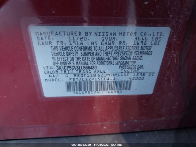 2020 NISSAN KICKS SV XTRONIC CVT VIN: 3N1CP5CV8LL566480