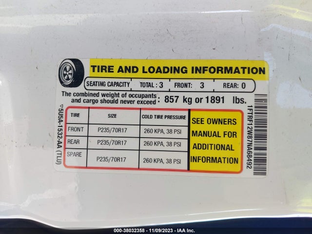 2007 FORD F-150 XL/STX/XLT VIN: 1FTRF12W87NA68492