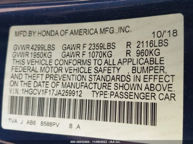 1HGCV1F17JA259912 Honda Accord Sedan Lx 1.5t