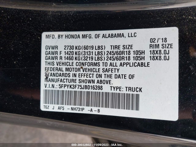 Honda Ridgeline Rtl-e 2018 5FPYK3F75JB016398 Image 9
