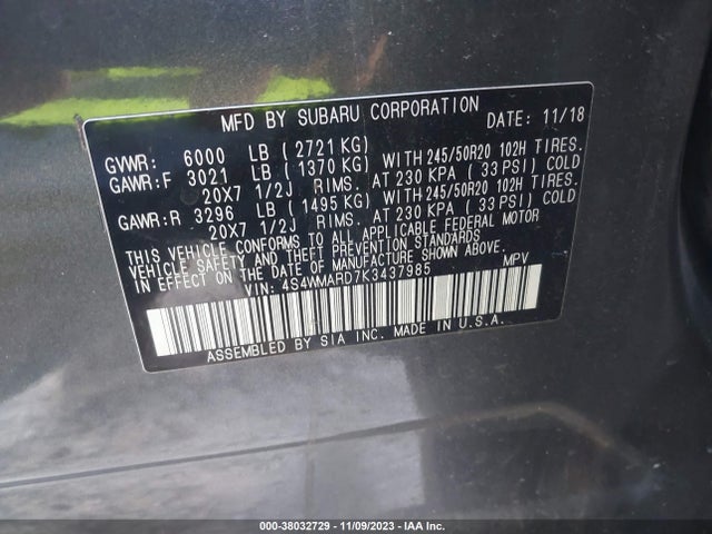 2019 SUBARU ASCENT TOURING VIN: 4S4WMARD7K3437985