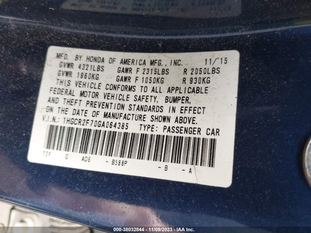 Honda ACCORD EX 2016 1HGCR2F70GA064385 Image 9