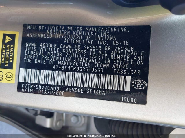 2016 TOYOTA CAMRY XLE VIN: 4T4BF1FK9GR579550