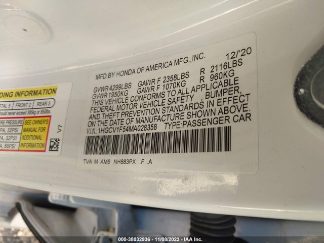 2021 HONDA ACCORD EX-L VIN: 1HGCV1F54MA028358