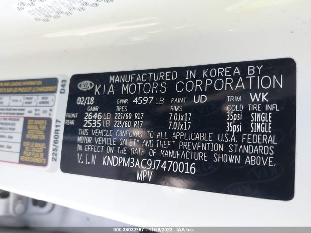 2018 KIA SPORTAGE LX VIN: KNDPM3AC9J7470016
