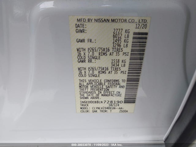 2020 NISSAN FRONTIER PRO-4X 4X4 VIN: 1N6ED0EB8LN728190
