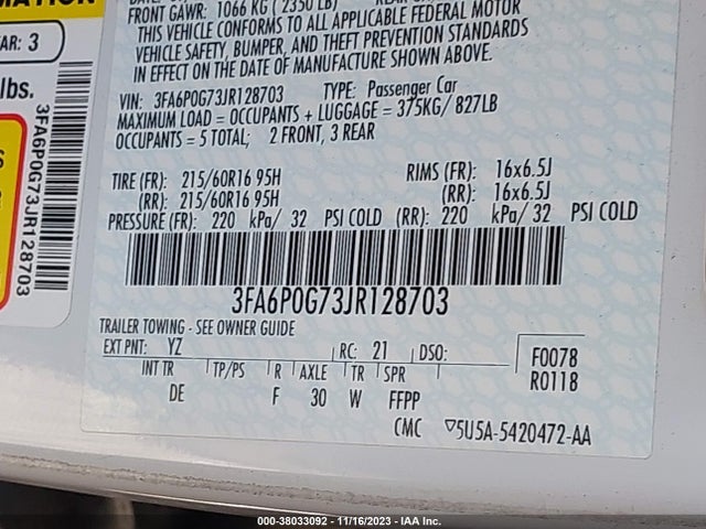 3FA6P0G73JR128703 Ford FUSION S