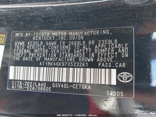 2007 TOYOTA CAMRY XLE V6 VIN: 4T1BK46K97U523261