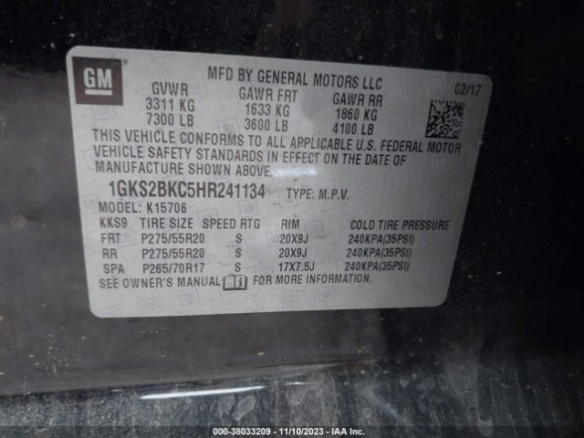 1GKS2BKC5HR241134 GMC YUKON SLT