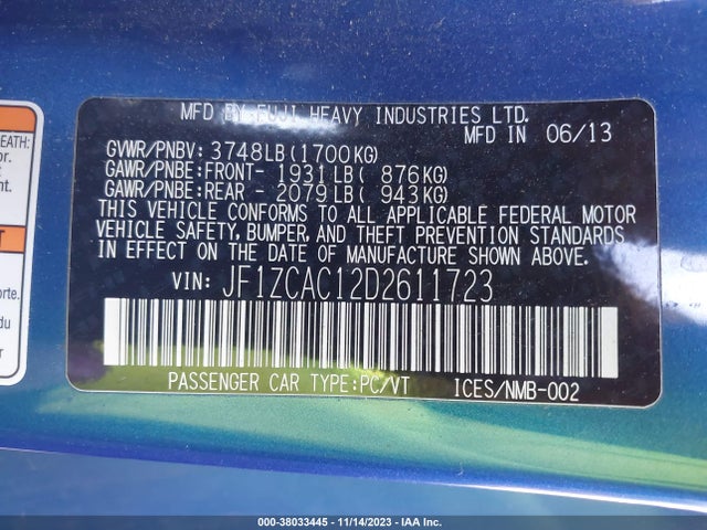 Продаж на аукціоні авто 2013 Subaru Brz Limited, vin: JF1ZCAC12D2611723, номер лоту: 38033445