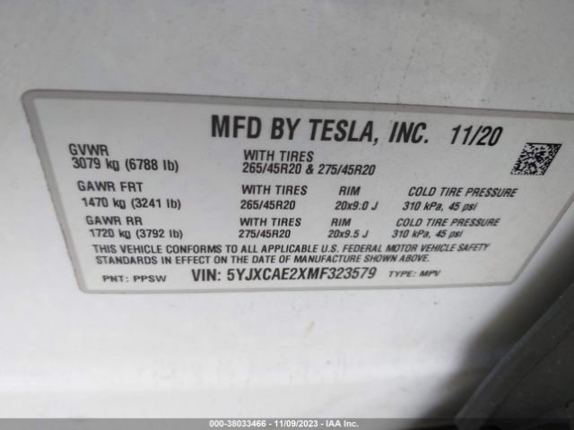 5YJXCAE2XMF323579 Tesla Model X Long Range Dual Motor All-wheel Drive/long Range Plus Dual Motor All-wheel Drive