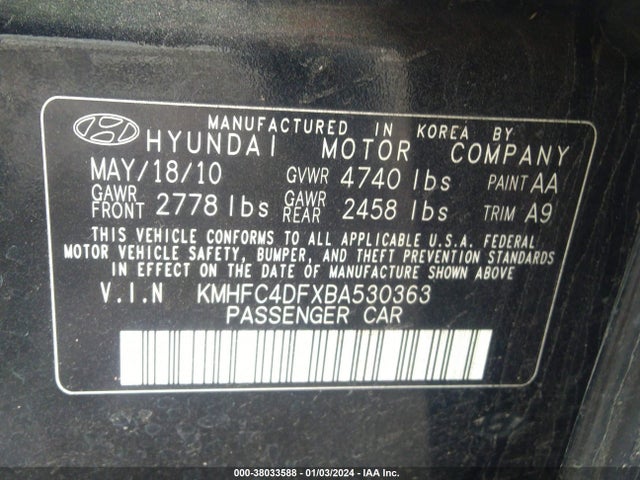 2011 HYUNDAI AZERA LIMITED VIN: KMHFC4DFXBA530363