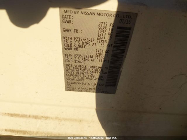 5N1AR2MN5GC619502 Nissan Pathfinder Sl
