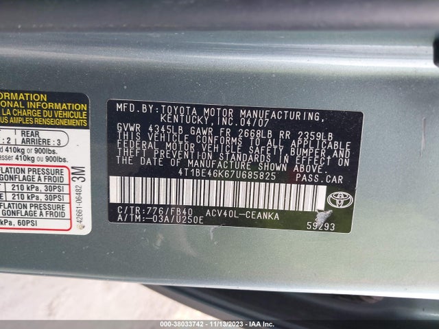 2007 TOYOTA CAMRY LE VIN: 4T1BE46K67U685825