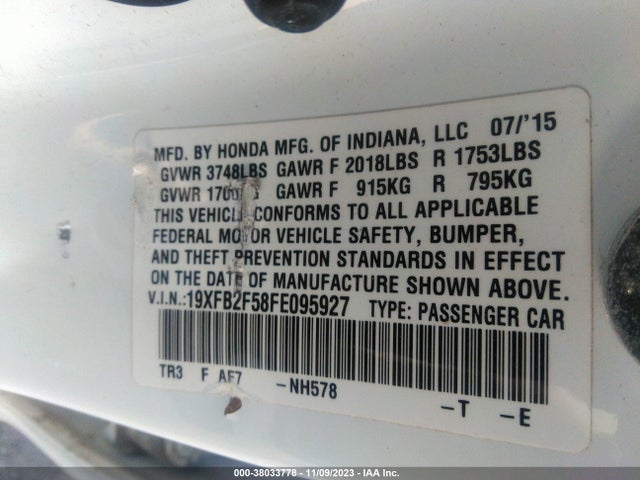 2015 HONDA CIVIC LX VIN: 19XFB2F58FE095927