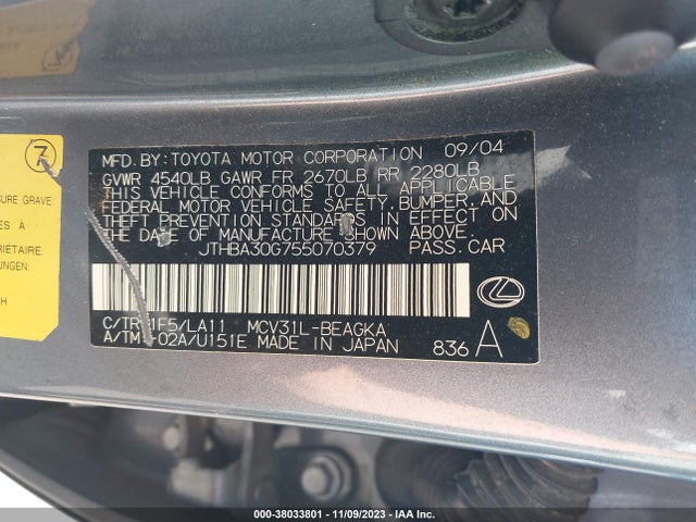 Продаж на аукціоні авто 2005 Lexus Es 330, vin: JTHBA30G755070379, номер лоту: 38033801