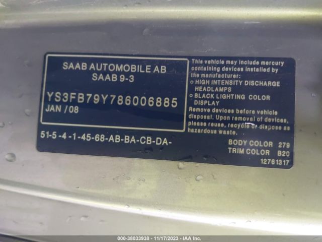 2008 SAAB 9-3 YS3FB79Y786006885 Photo 8