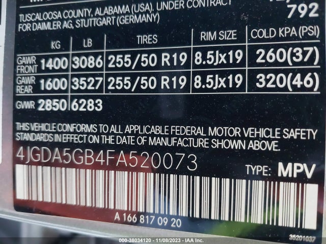 2015 MERCEDES-BENZ ML 400 4MATIC VIN: 4JGDA5GB4FA520073