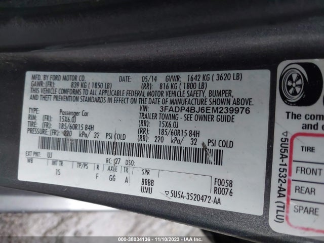 2014 FORD FIESTA SE VIN: 3FADP4BJ6EM239976