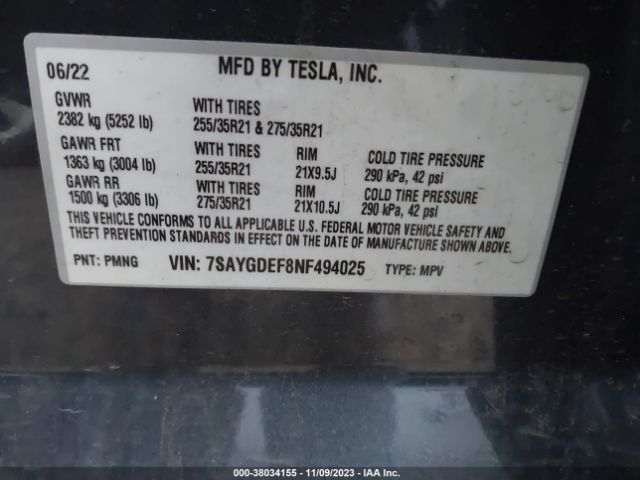 2022 TESLA MODEL Y 7SAYGDEF8NF494025 Photo 8