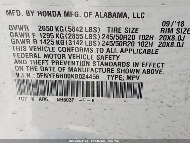 5FNYF6H00KB024456 Honda Pilot Elite