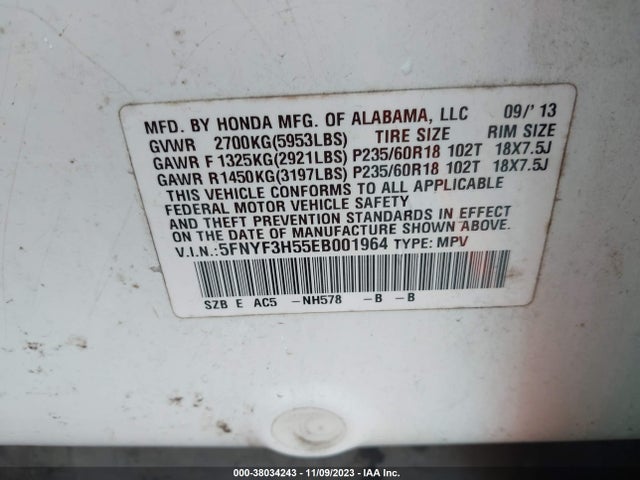 Honda Pilot Ex-l 2014 5FNYF3H55EB001964 Image 9
