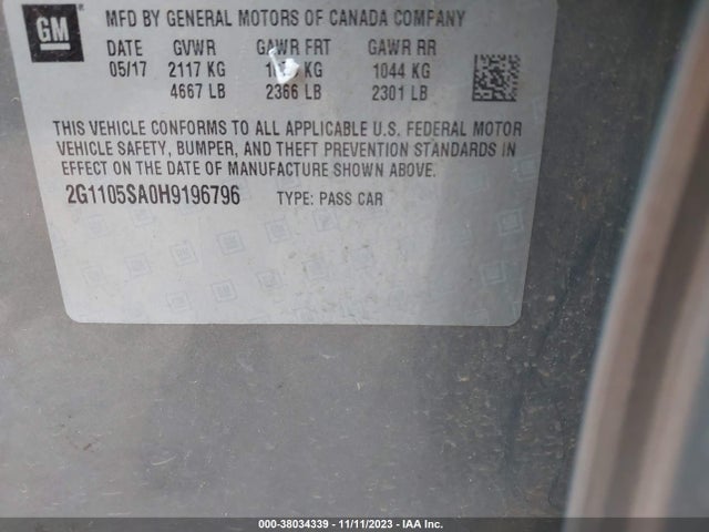 Chevrolet IMPALA 1LT 2017 2G1105SA0H9196796 Image 9
