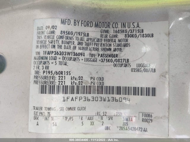 2003 FORD FOCUS SE/ZTW VIN: 1FAFP36303W136094