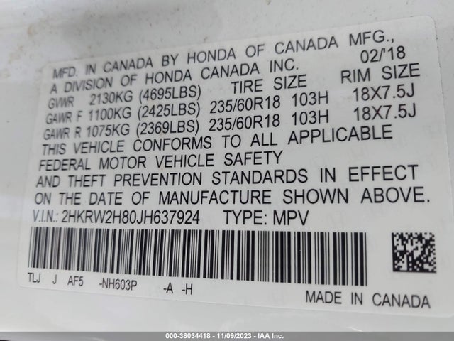 Honda Cr-v Ex-l 2018 2HKRW2H80JH637924 Image 9