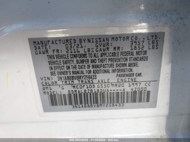 3N1AB8BV8MY258433 Nissan Sentra S Xtronic Cvt