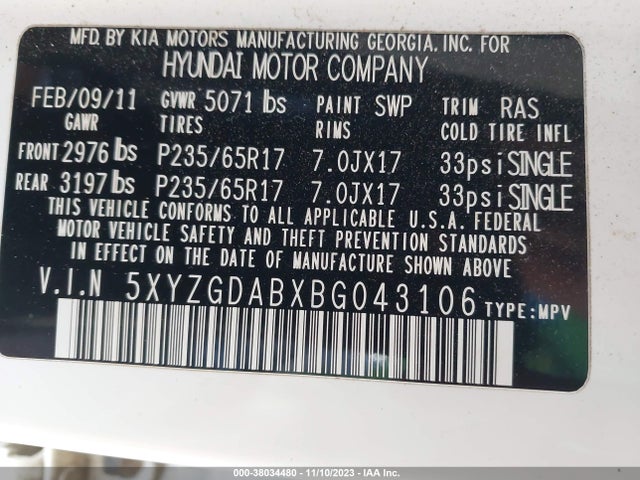 2011 HYUNDAI SANTA FE GLS VIN: 5XYZGDABXBG043106