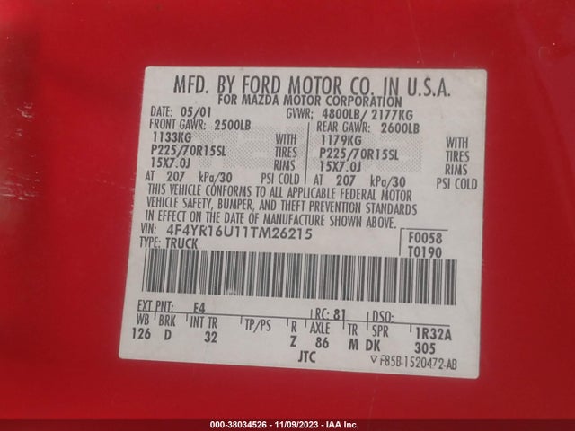 2001 MAZDA B-SERIES 2WD TRUCK SE/DS VIN: 4F4YR16U11TM26215