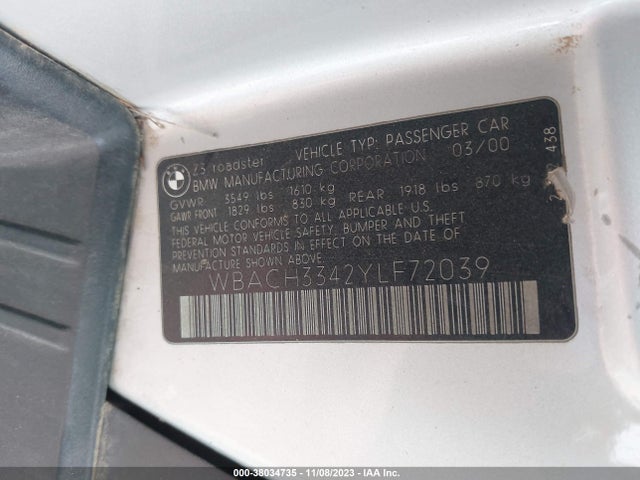 2000 BMW Z3 2.8L VIN: WBACH3342YLF72039