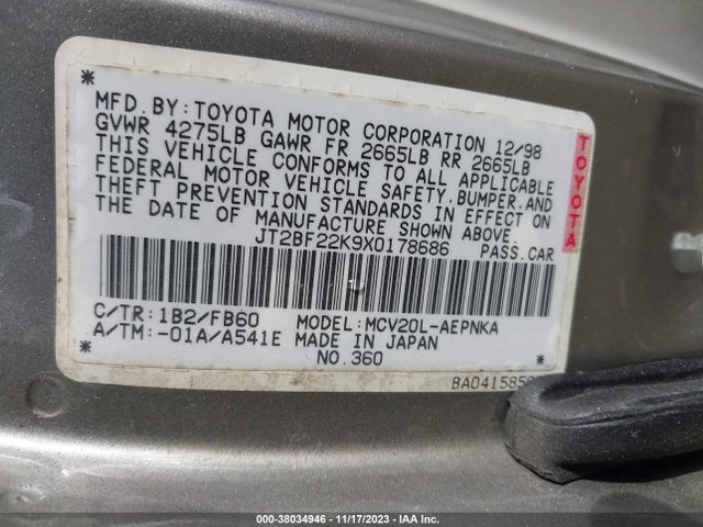 1999 Toyota Camry Le V6 მანქანა იყიდება აუქციონზე, vin: JT2BF22K9X0178686, აუქციონის ნომერი: 38034946