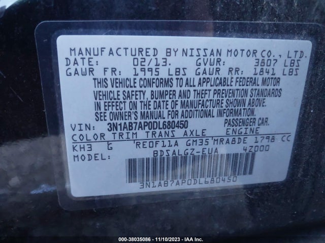 2013 NISSAN SENTRA SL VIN: 3N1AB7AP0DL680450