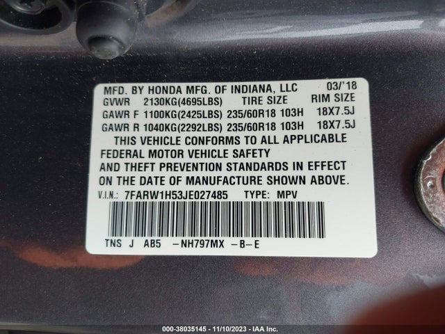 2018 HONDA CR-V EX VIN: 7FARW1H53JE027485