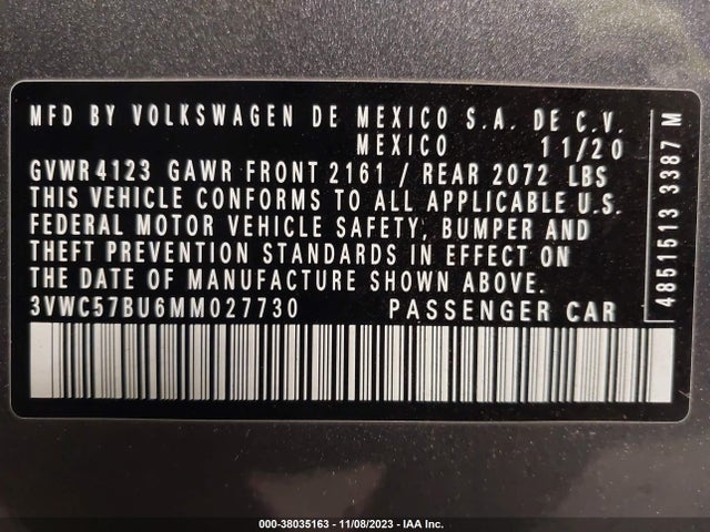 2021 VOLKSWAGEN JETTA 1.4T R-LINE/1.4T S/1.4T SE VIN: 3VWC57BU6MM027730