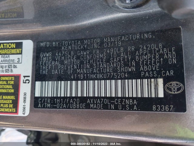 Toyota CAMRY LE 2019 4T1B11HK8KU775204 Image 9