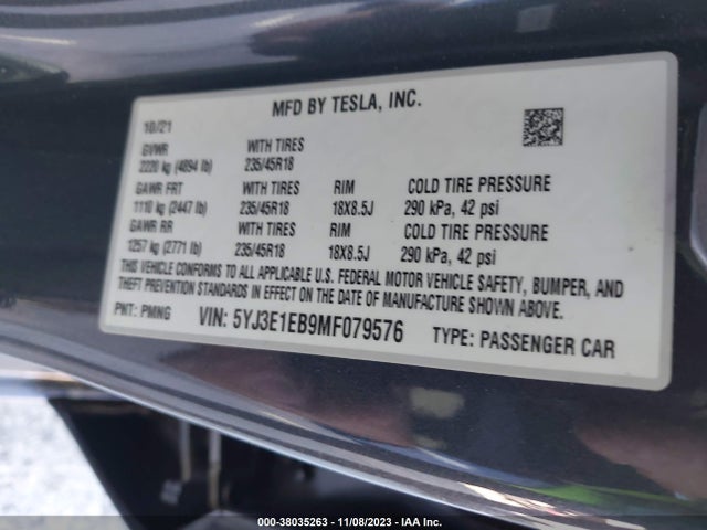 2021 TESLA MODEL 3 LONG RANGE DUAL MOTOR ALL-WHEEL DRIVE VIN: 5YJ3E1EB9MF079576