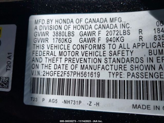 2HGFE2F57PH561619 Honda Civic Sport