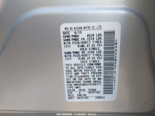 Продажа на аукционе авто 2015 Nissan Rogue Select S, vin: JN8AS5MV5FW768777, номер лота: 38035460
